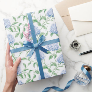 Blue Hydrangea Pattern Watercolor Floral Botanical Wrapping Paper