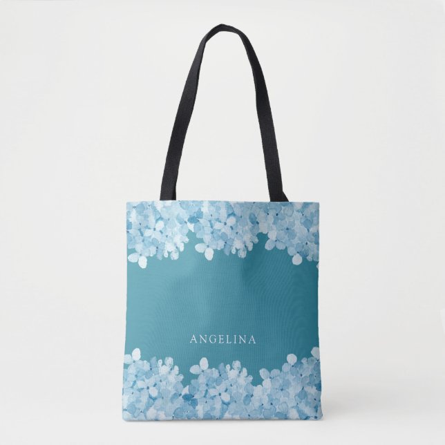 Blue Hydrangea Personalized Bridesmaid Tote Bag (Front)