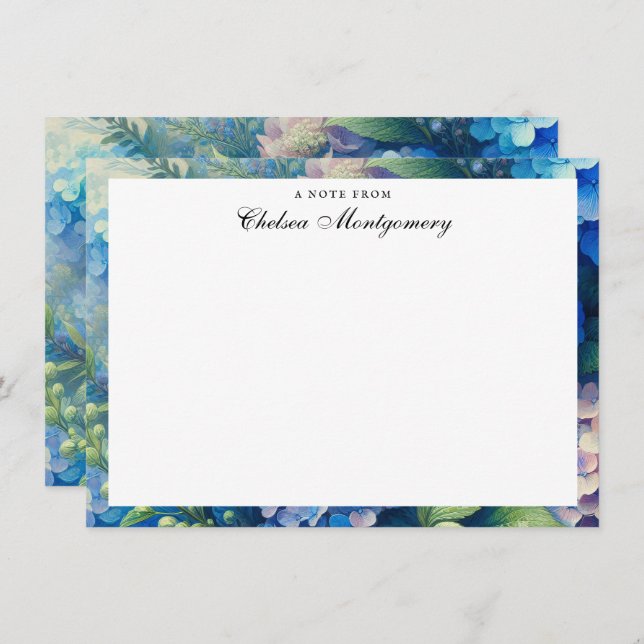 Blue Hydrangea Personalized Name Note Card (Front/Back)