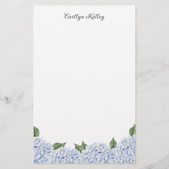 Blue Hydrangea Personalized Stationery Paper (Front)