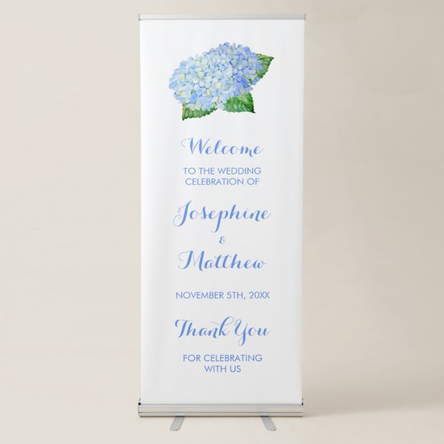 Blue Hydrangea Personalized Wedding Retractable Banner (Front)