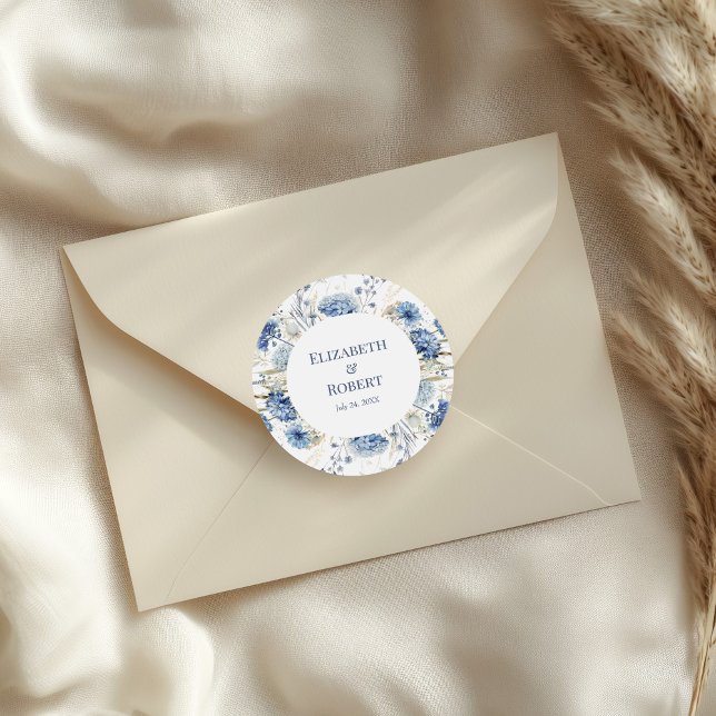Blue Hydrangea Personalized Wedding Round Sticker (Boho French Blue Wildflowers Couple Names Classic Round Sticker on a small envelope)