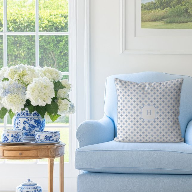 Blue Hydrangea Petal Monogram   Throw Pillow (Hydrangea Petal Blue Monogram Pillow)