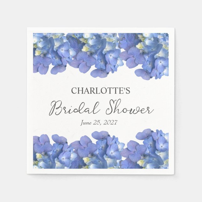 Blue Hydrangea Petals Personalized Bridal Shower Napkins (Front)