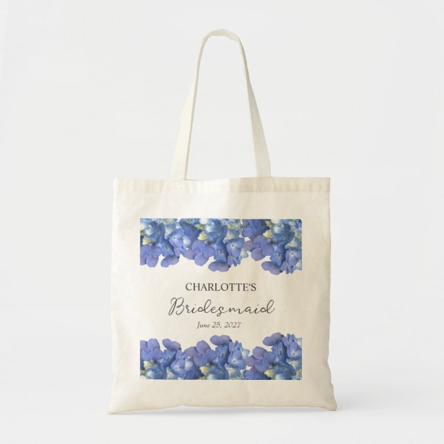 Blue Hydrangea Petals Personalized Bridesmaid Tote Bag (Front)