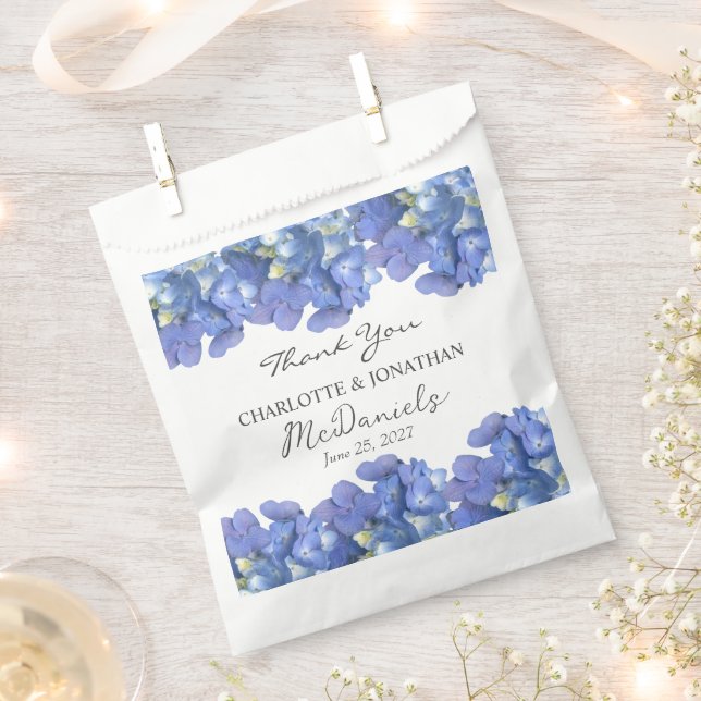 Blue Hydrangea Petals Wedding Personalized Names Favor Bag (Clipped)