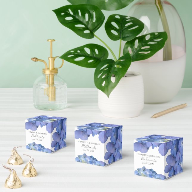Blue Hydrangea Petals Wedding Personalized Names Favor Boxes (Multiple)