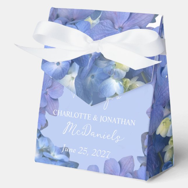 Blue Hydrangea Petals Wedding Personalized Names Favor Boxes (Front)