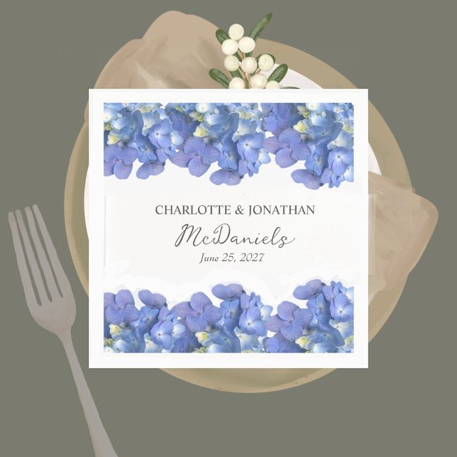 Blue Hydrangea Petals Wedding Personalized Names Napkins (Creator Uploaded)