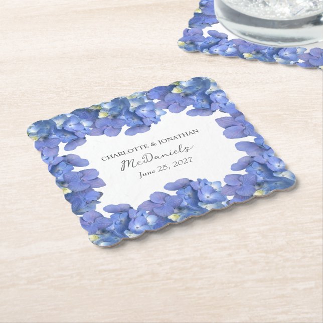 Blue Hydrangea Petals Wedding Personalized Names Paper Coaster (Angled)