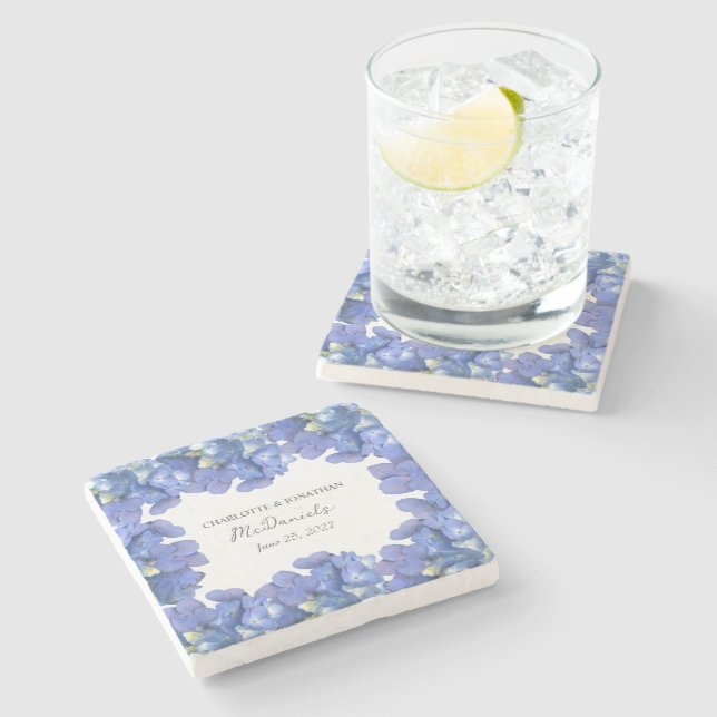 Blue Hydrangea Petals Wedding Personalized Names Stone Coaster (Side)