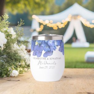 Blue Hydrangea Petals Wedding Personalized Names Thermal Wine Tumbler
