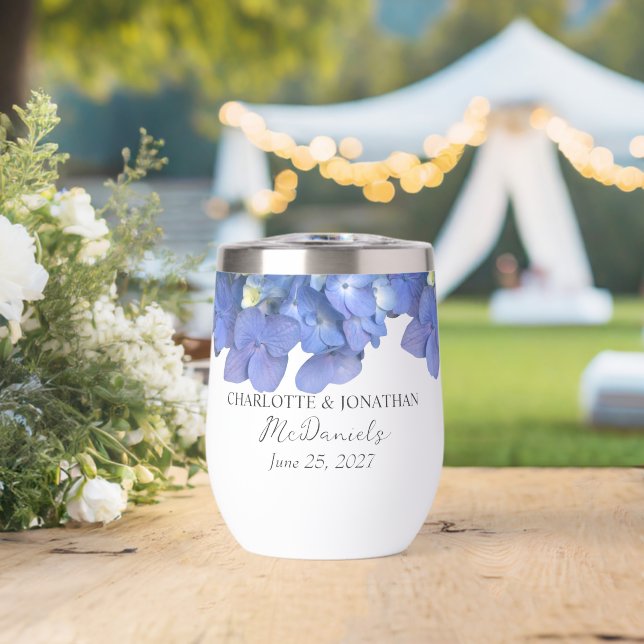 Blue Hydrangea Petals Wedding Personalized Names Thermal Wine Tumbler (Wedding (Rotated))