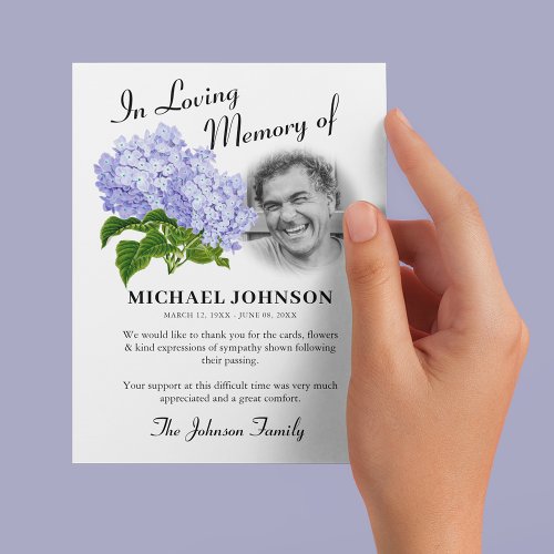 Blue Hydrangea Photo Funeral Thank You Card