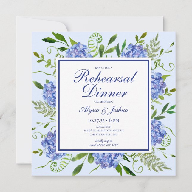 Blue Hydrangea Photo Rehearsal Dinner Invitation (Front)