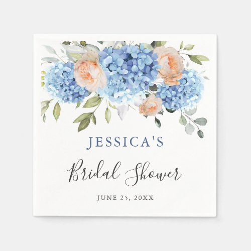 Blue Hydrangea Pink Blush Roses Bridal Shower Napkins