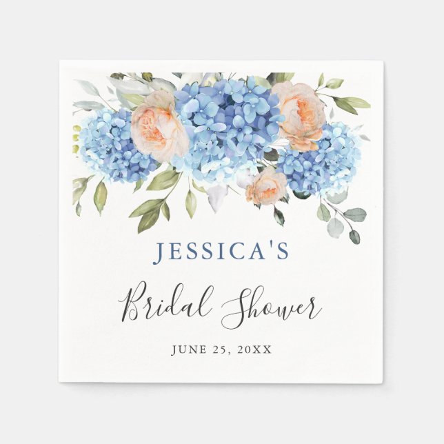 Blue Hydrangea Pink Blush Roses Bridal Shower Napkins (Front)