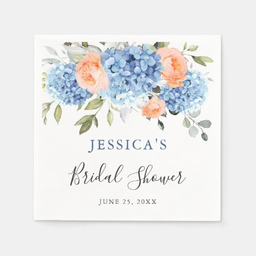 Blue Hydrangea Pink Blush Roses Bridal Shower Napkins