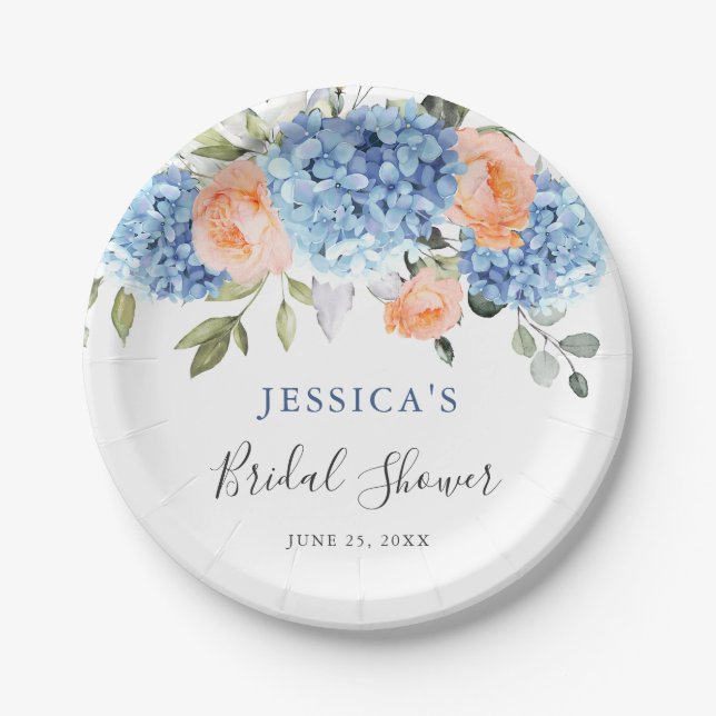 Blue Hydrangea Pink Blush Roses Bridal Shower Paper Plates (Front)