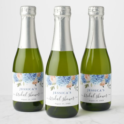 Blue Hydrangea Pink Blush Roses Bridal Shower Sparkling Wine Label