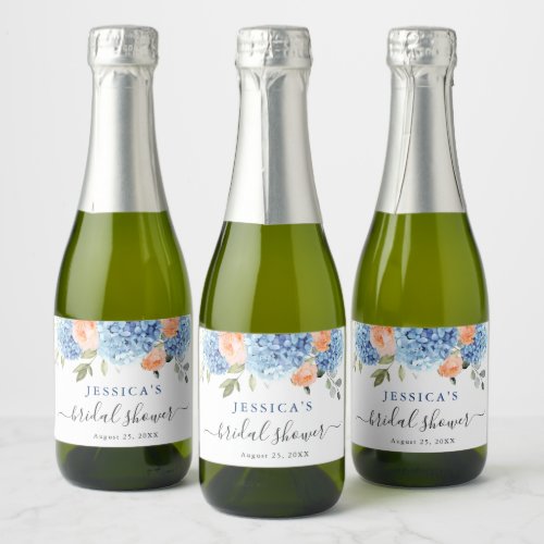 Blue Hydrangea Pink Blush Roses Bridal Shower Sparkling Wine Label