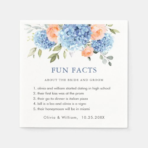 Blue Hydrangea Pink Blush Roses Fun Facts Wedding Napkins