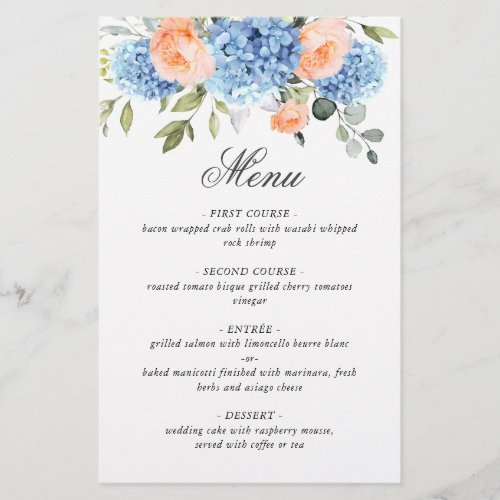 Blue Hydrangea Pink Blush Roses Wedding Menu