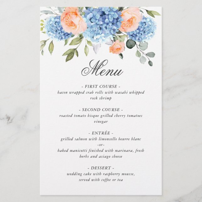 Blue Hydrangea Pink Blush Roses Wedding Menu (Front)