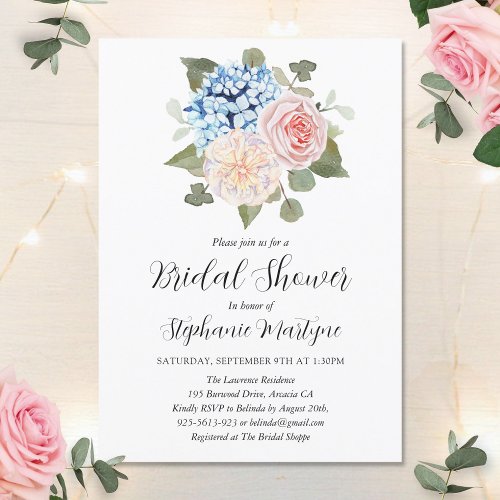 Blue Hydrangea Pink Floral Botanical Bridal Shower Invitation
