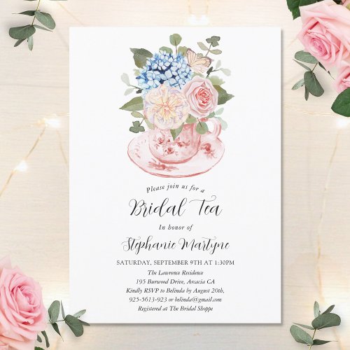 Blue Hydrangea Pink Floral Bridal Tea Shower Invitation