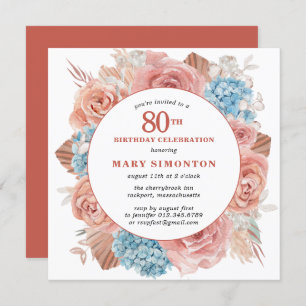 Blue Hydrangea Pink Rose Floral 80th Birthday Invitation