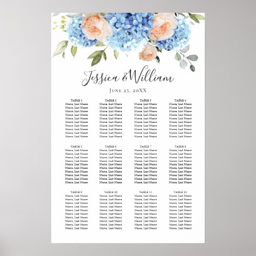 Blue Hydrangea Pink Roses 12 Tables SEATING CHART