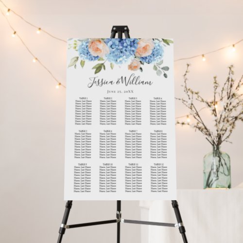 Blue Hydrangea Pink Roses 12 Tables SEATING CHART Foam Board