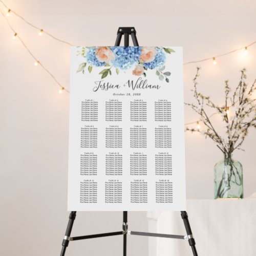 Blue Hydrangea Pink Roses 16 Tables SEATING CHART Foam Board