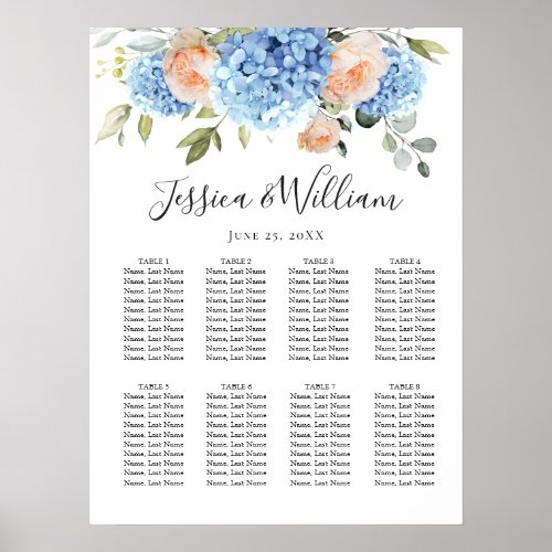 Blue Hydrangea Pink Roses 8 Tables SEATING CHART