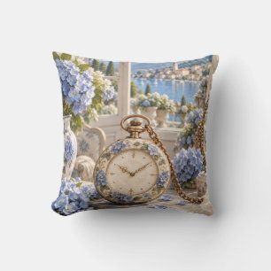 Blue Hydrangea Pocket Watch Porcelain Coastal Wind Throw Pillow