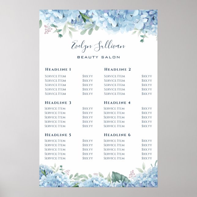 Blue Hydrangea Price List Poster (Front)
