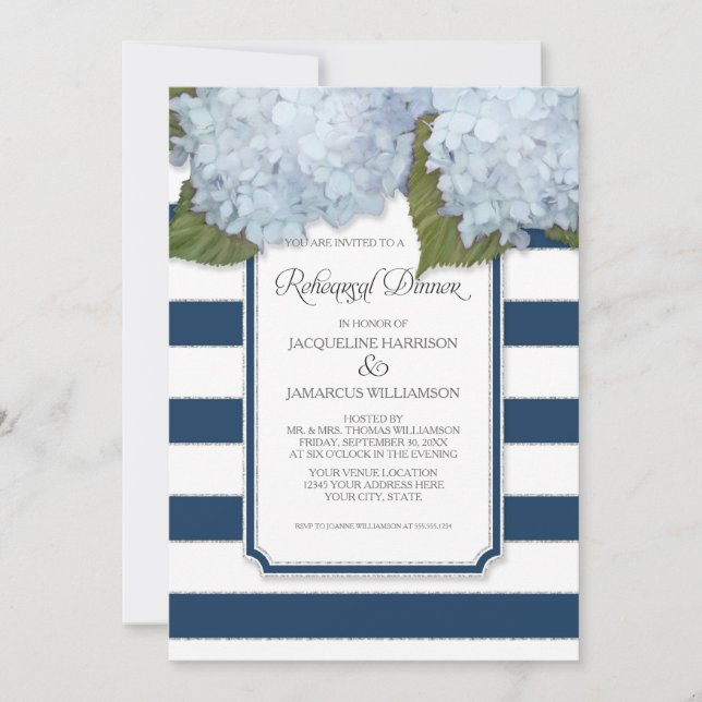 Blue Hydrangea Rehearsal Dinner Navy Stripe Modern Invitation (Front)