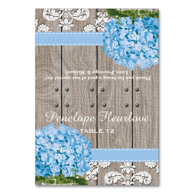 Blue Hydrangea Ribbon DIY Tent Place Card (Front)