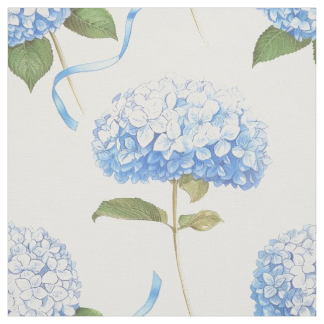 Blue Hydrangea Ribbon Floral Pattern Fabric (Swatch)