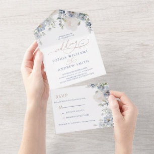 Blue Hydrangea & Rose Wedding All In One Invitation