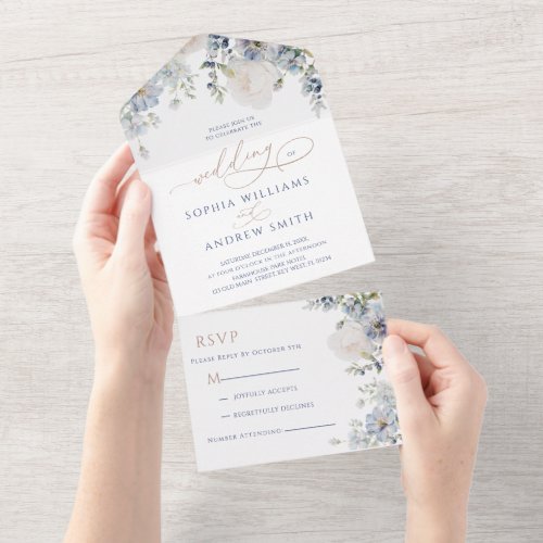 Blue Hydrangea  Rose Wedding  All In One Invitation