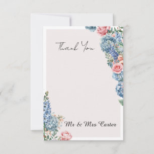 Blue Hydrangea Rose Wedding Thank You Card