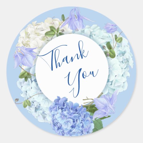 Blue Hydrangea Roses Greenery  Floral Thank You Classic Round Sticker
