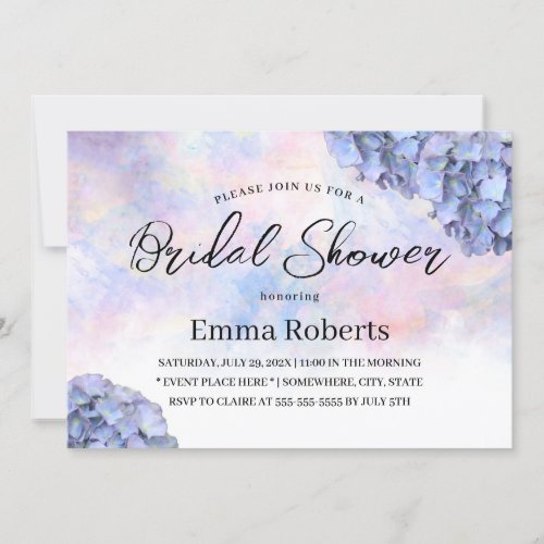 Blue Hydrangea Rustic Watercolor Bridal Shower Invitation