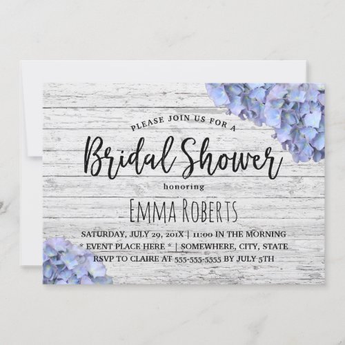 Blue Hydrangea Rustic Wedding Bridal Shower Invitation