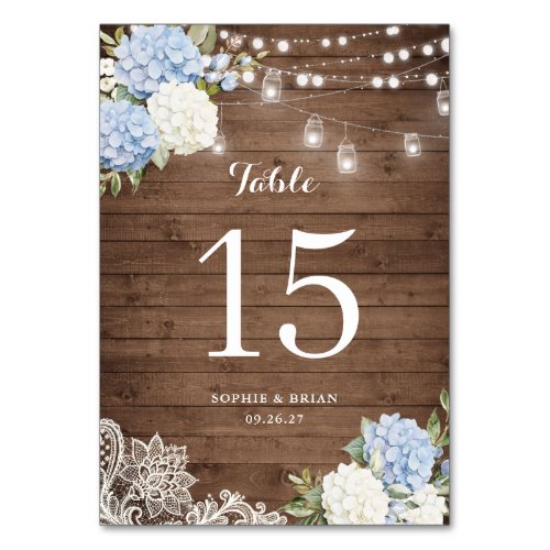 Blue Hydrangea Rustic Wood Lace String Lights Table Number