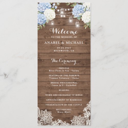 Blue Hydrangea Rustic Wood String Light Wedding Program