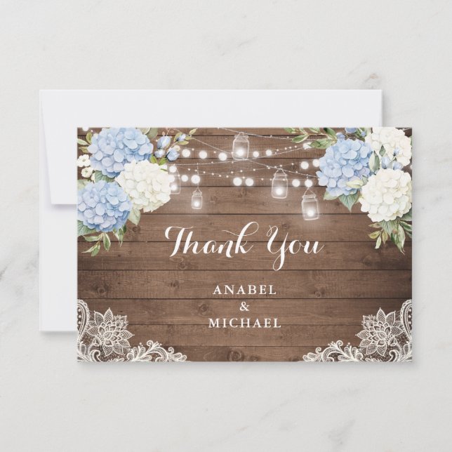 Blue Hydrangea Rustic Wood String Light Wedding Thank You Card (Front)