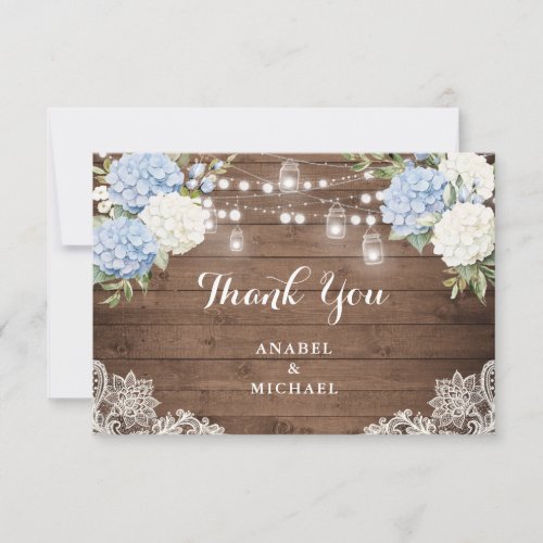 Blue Hydrangea Rustic Wood String Light Wedding Thank You Card
